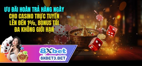 Image of Daily Rebate Bonus Live Casino Up To 1% Maximum Bonus Unlimited promotion on 8xbet platform.