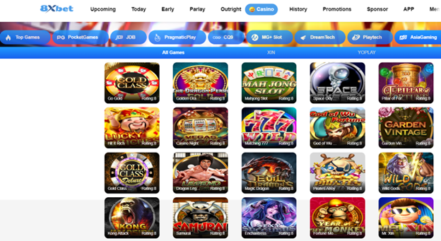 Image showing the variety of games available at 8xbet Online Casino, including slots, table games, and live dealer options